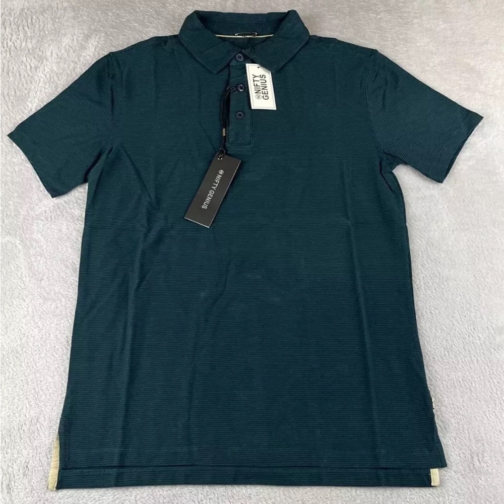 Nifty Genius mens dark green striped short sleeve 3 button polo size XS
